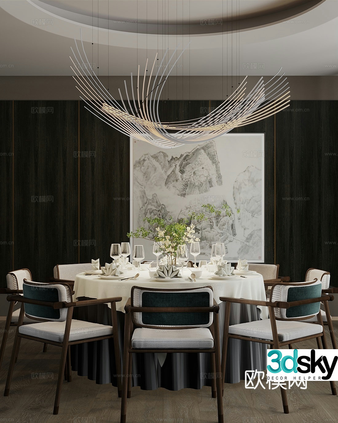 Modern private rooms Restaurant private rooms Dining table and chair combination Chandelier tableware 3D model