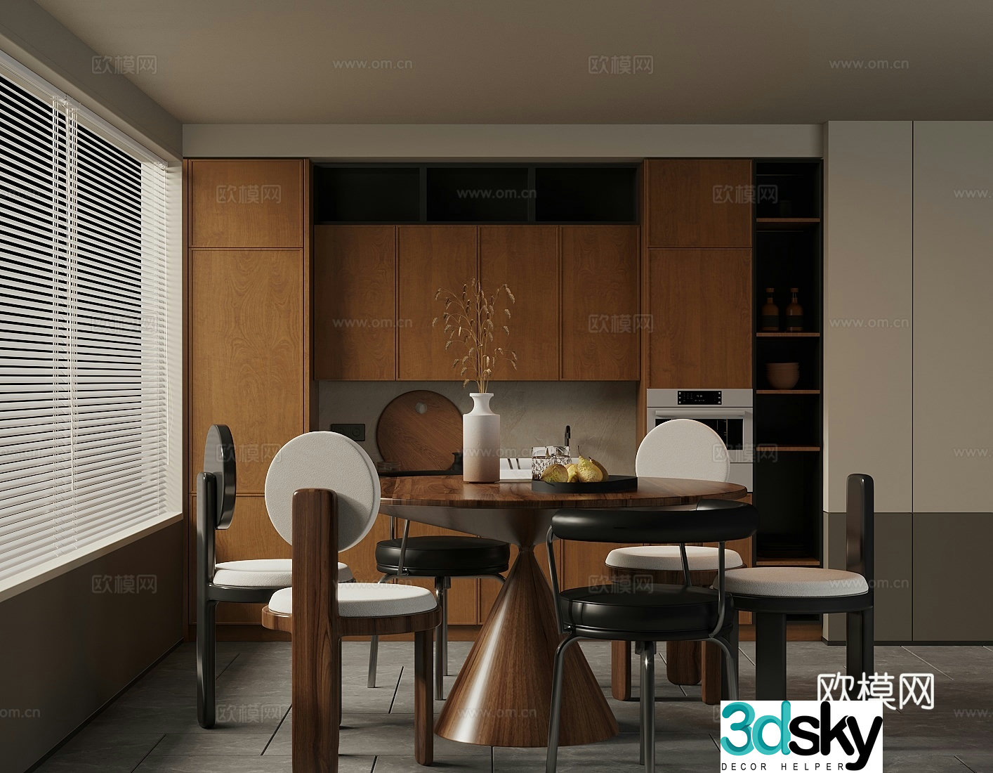 Middle style home restaurant Open restaurant Log style home restaurant Kitchen restaurant Round table 3D model