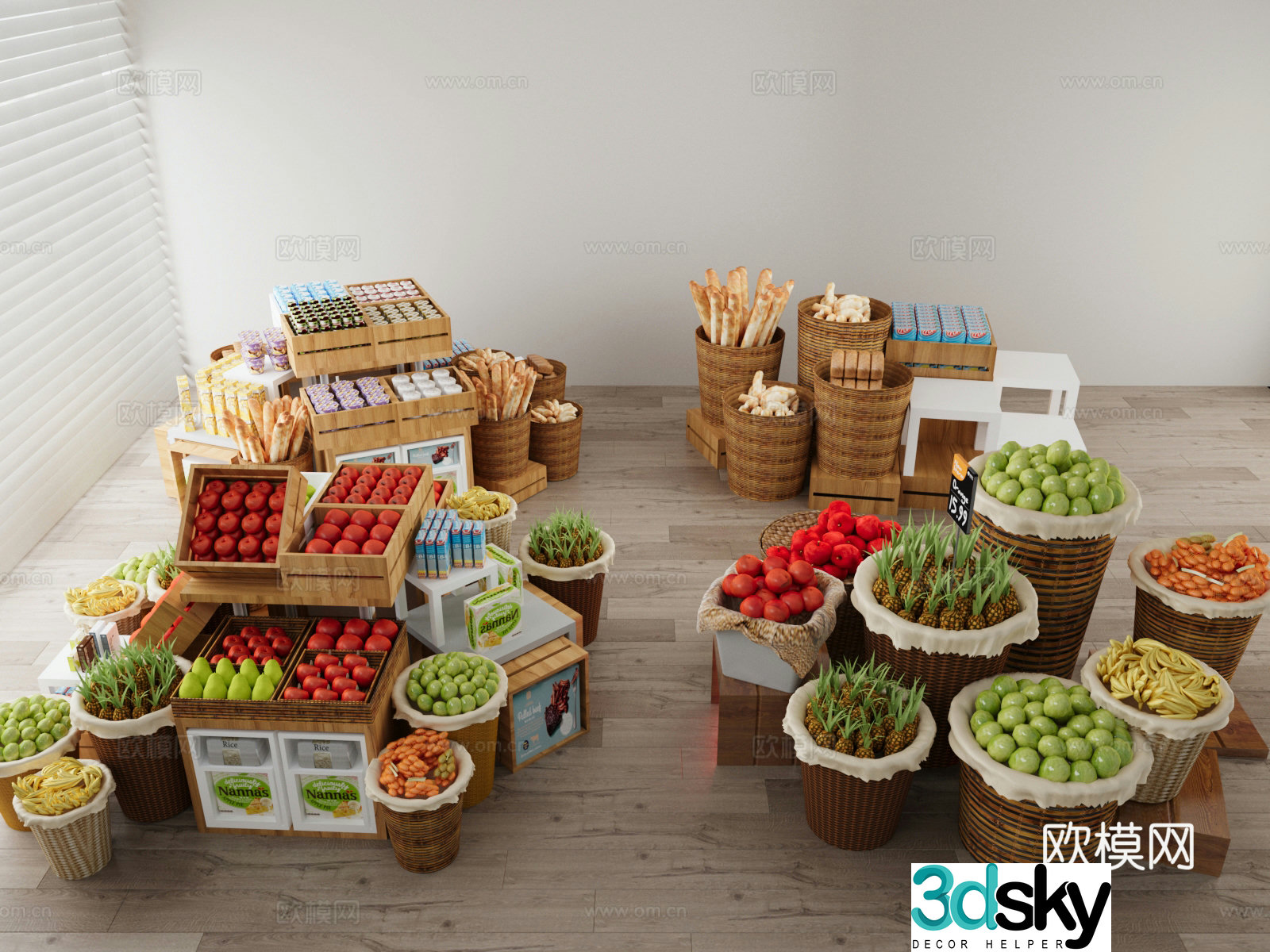 Wine and food Supermarket shelves Fruit stall Fruit snack shelves 3d model