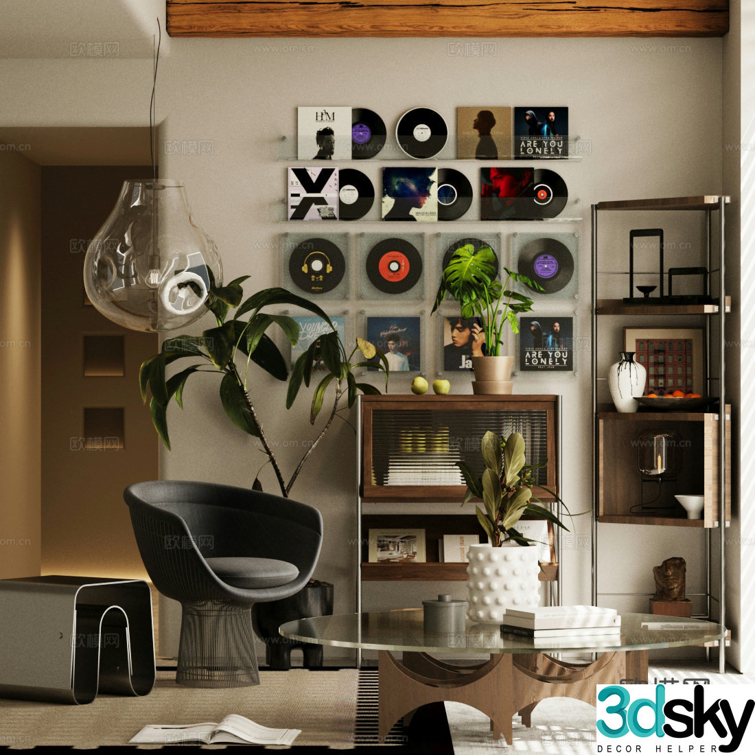 Middle style leisure chair sofa chair record wall light bulb chandelier magazine cabinet 3d model