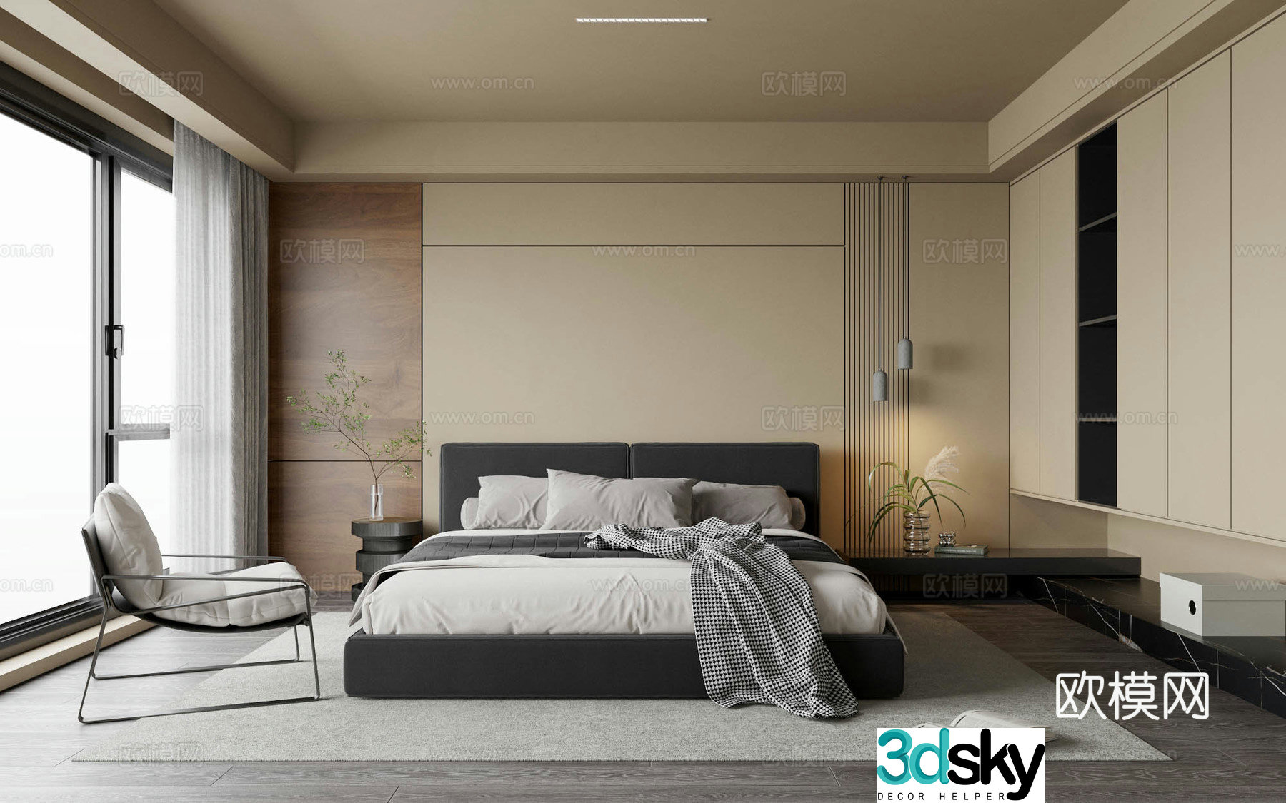 Modern home bedroom light luxury style elder room second bedroom leather bedroom bed leisure chair single chair 3d model
