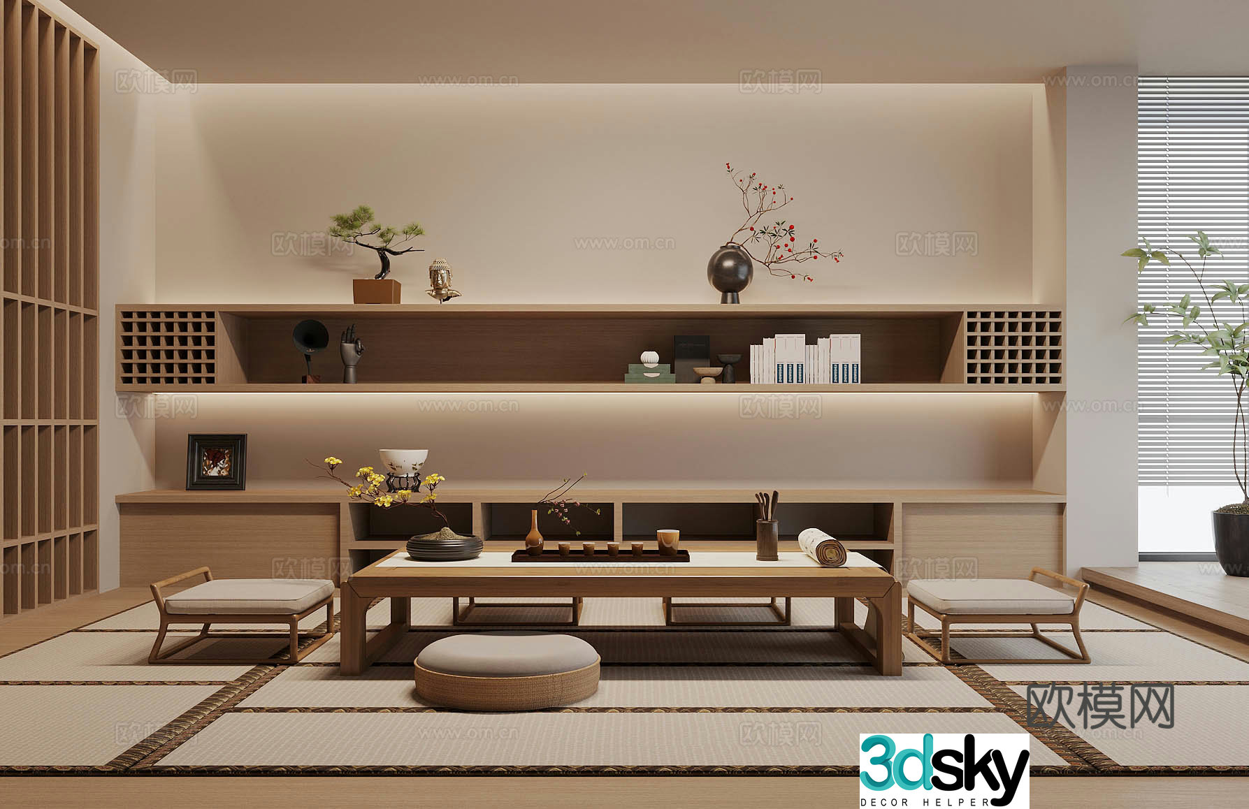 Middle-aged tea room tea tasting area Japanese tea room tatami tea room tatami tea table and chair teapot 3D model