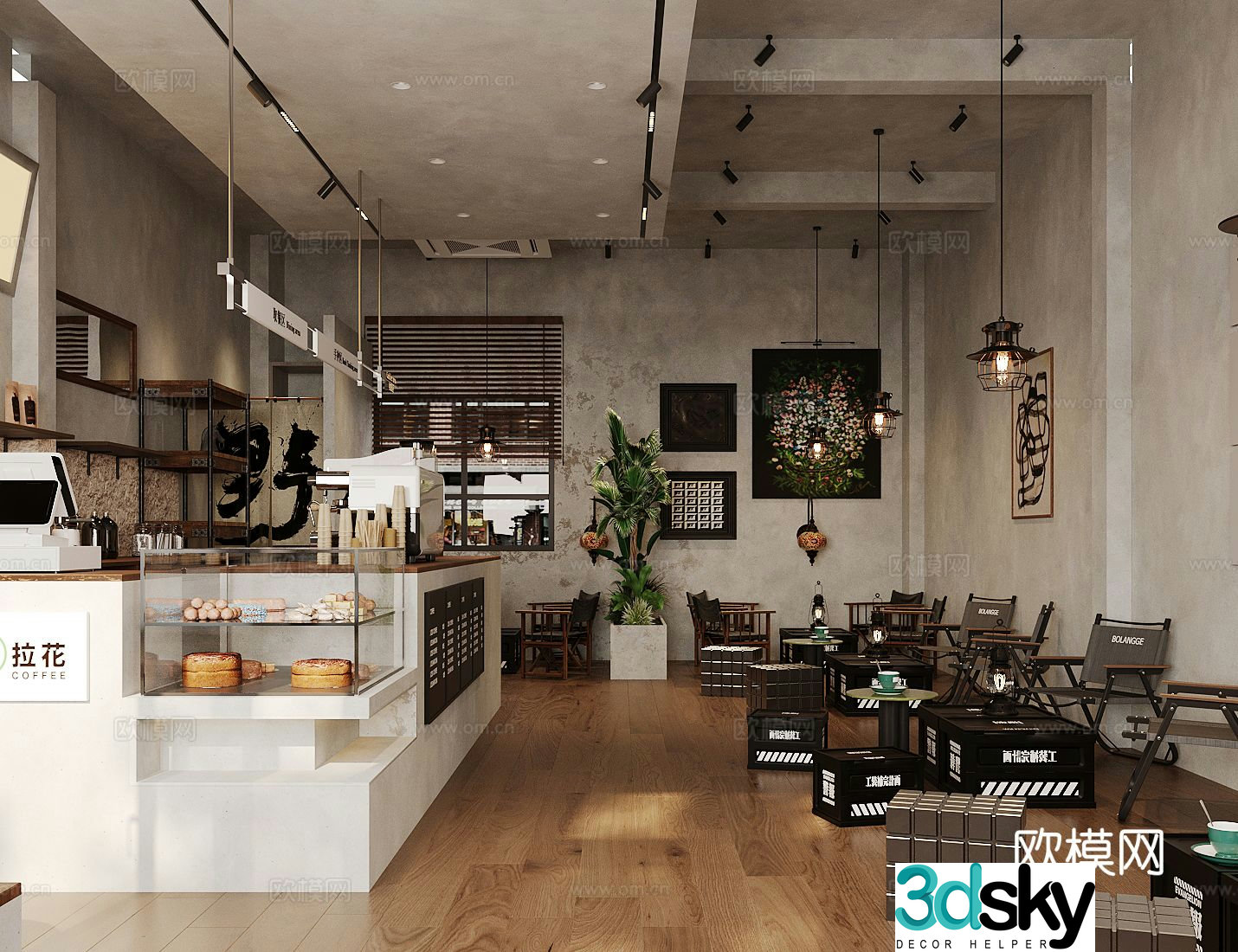 Industrial style coffee shop 3d model