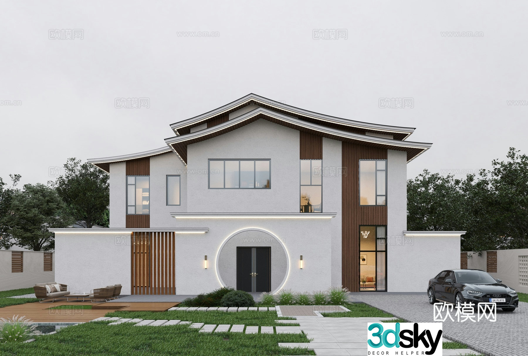 New Chinese style villa building exterior courtyard fence two-story new Chinese style villa 3D model