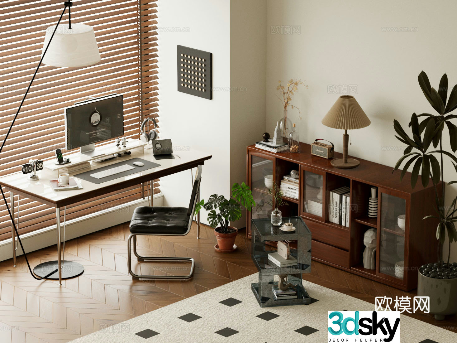 Middle-aged study decorative cabinet bookcase desk and chair combination floor lamp green plant ornament 3D model