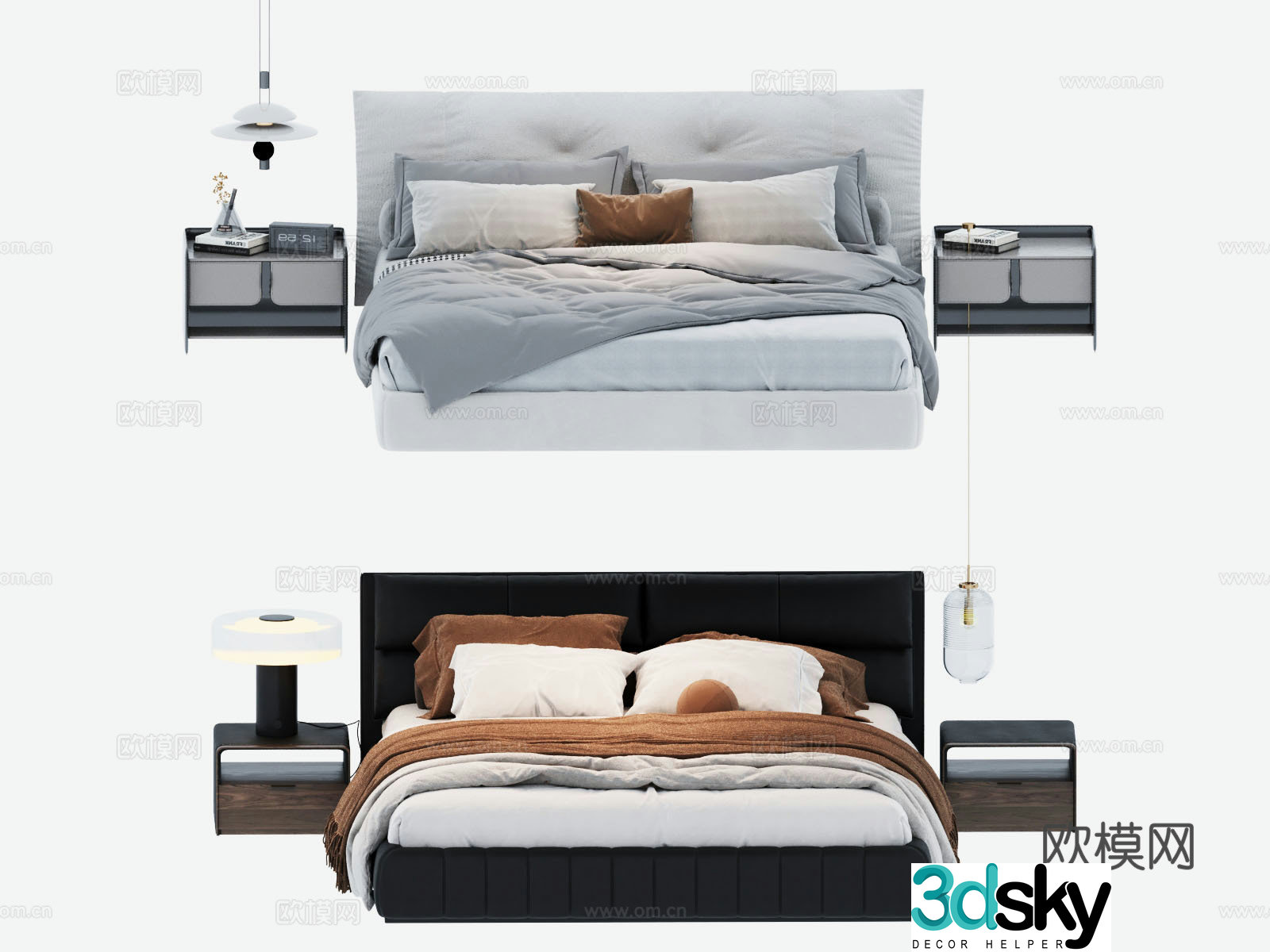 Modern double bed with headrest leather bed 3D model