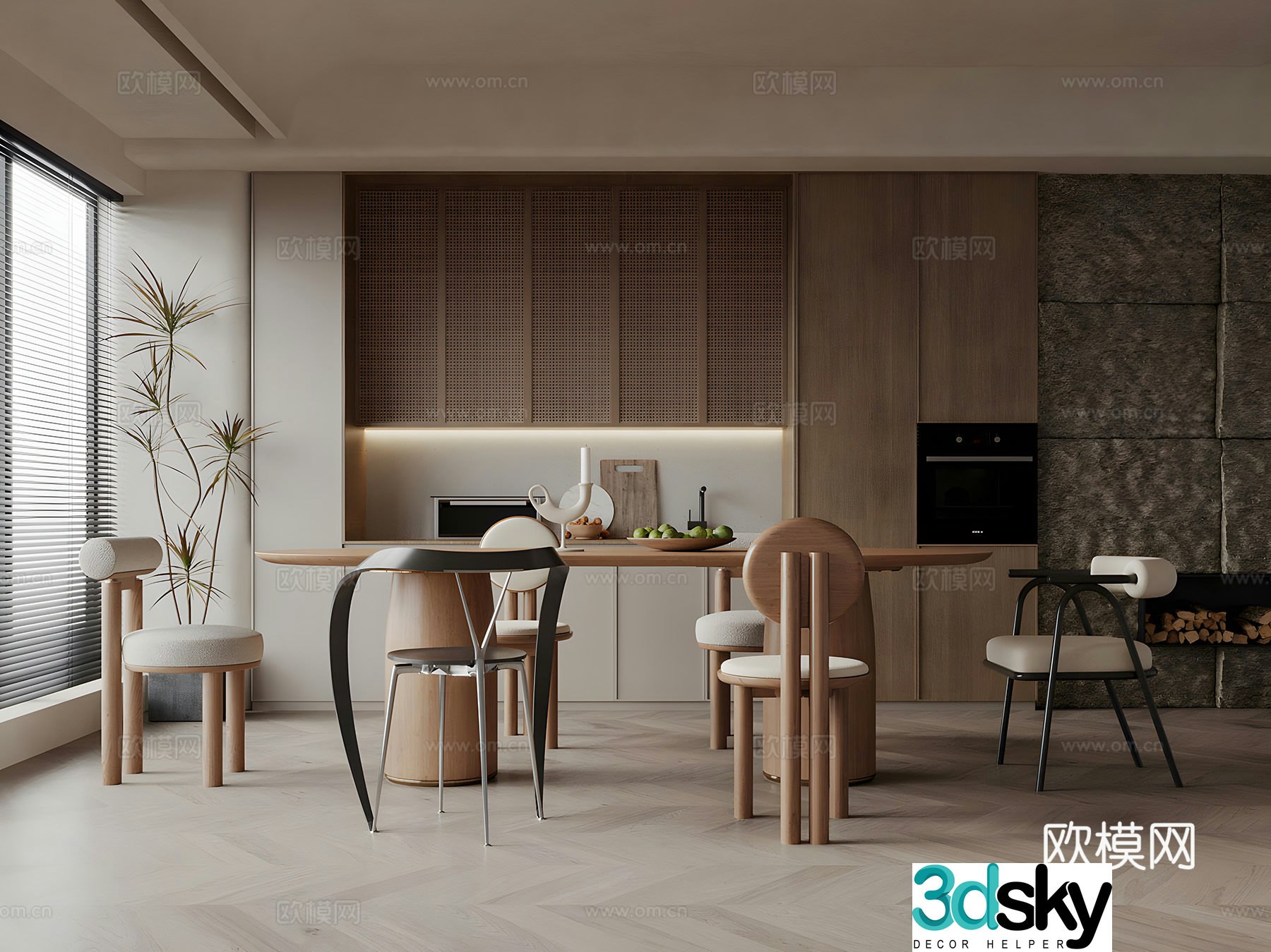Middle style home restaurant Open restaurant Log style home restaurant Log style sideboard 3D model