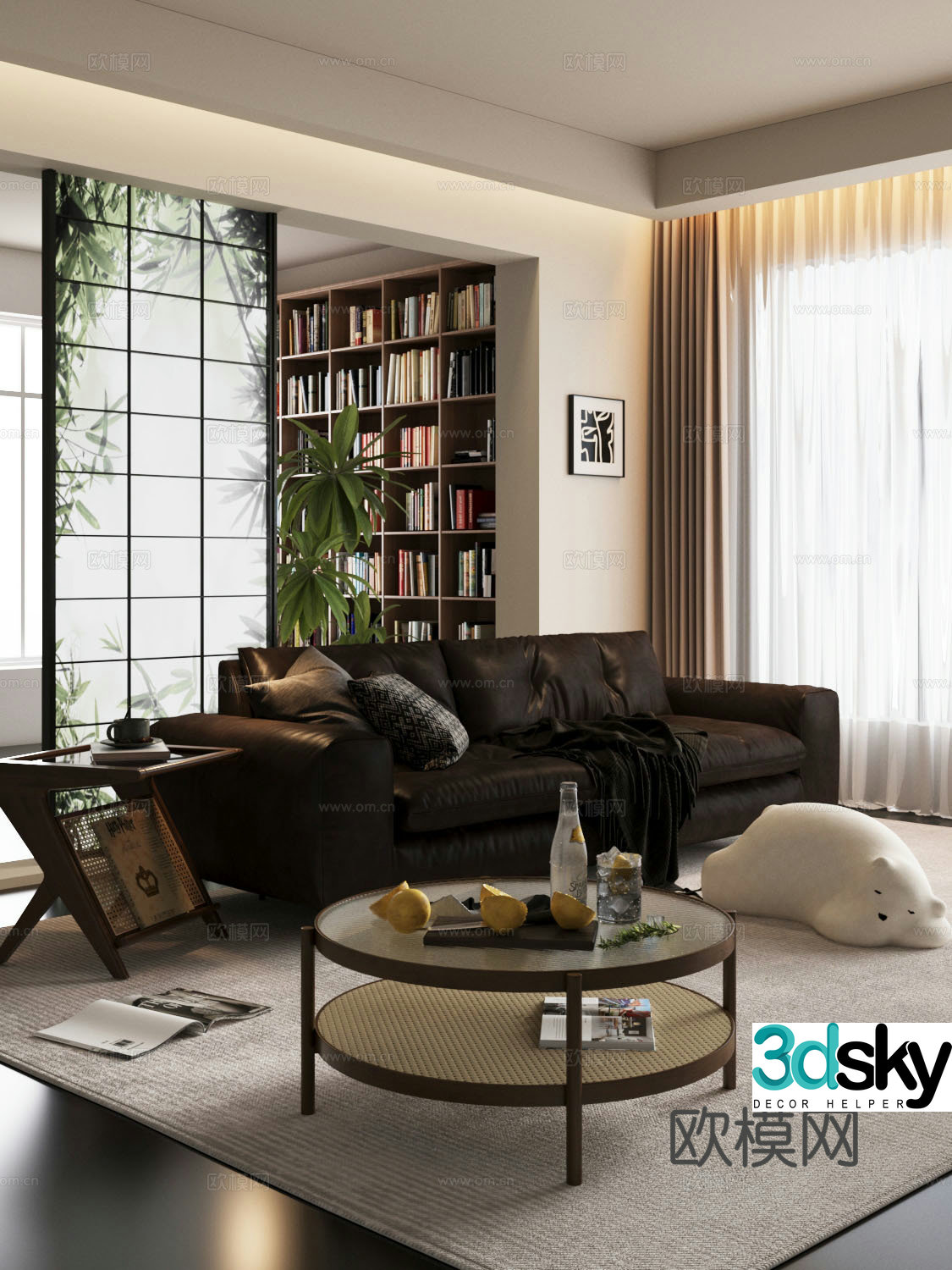 Modern home living room Home living room Sofa coffee table combination Bookcase Screen 3D model
