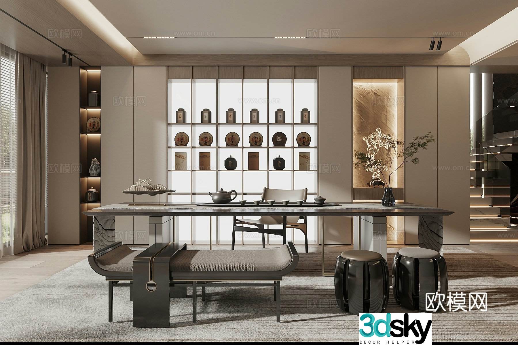 New Chinese style Zen tea room tea tasting area tea table and chair combination living room tea room luminous tea cabinet 3D model