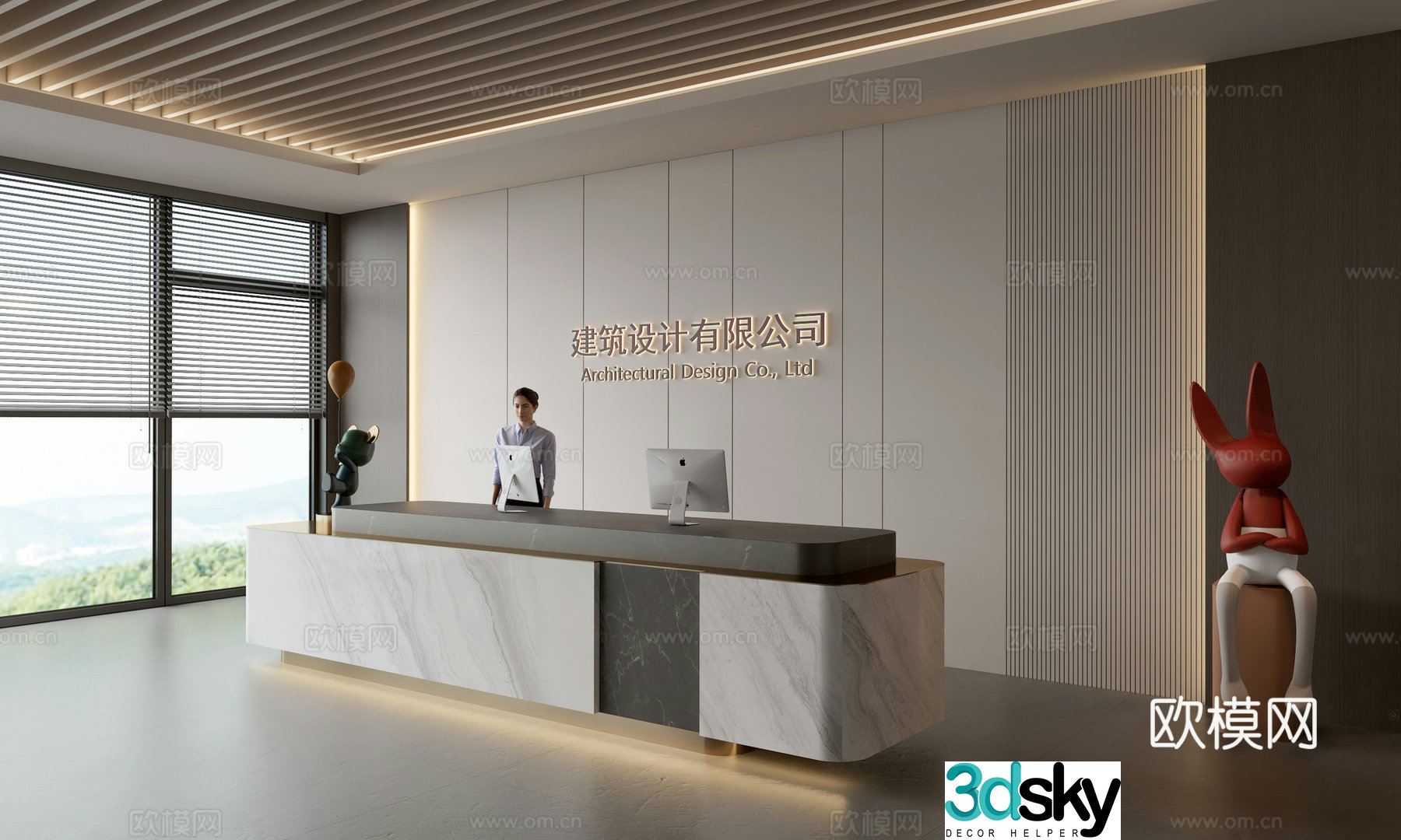 Modern company front desk reception area bar reception desk service desk company front desk background 3D model