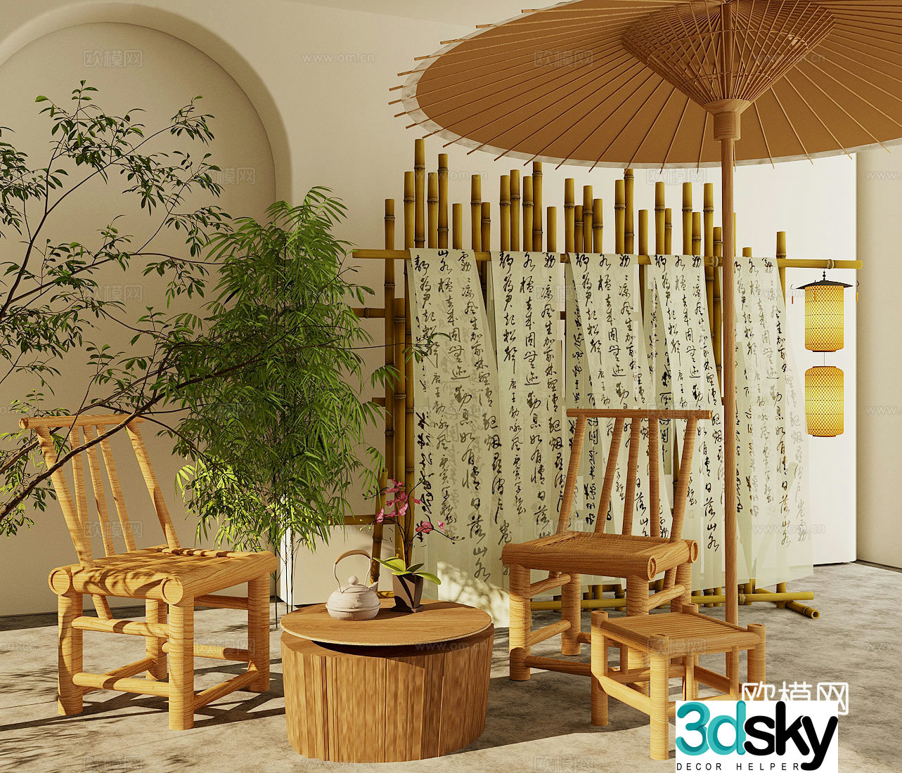New Chinese style other chairs outdoor rattan chairs bamboo fence oil paper umbrella lantern 3d model