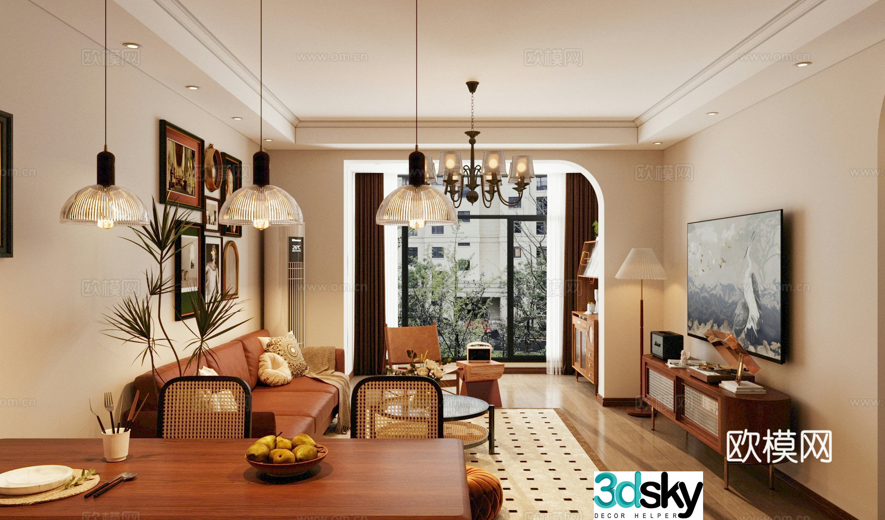 Middle style living room horizontal living room small living room sofa and coffee table combination retro style living room 3D model