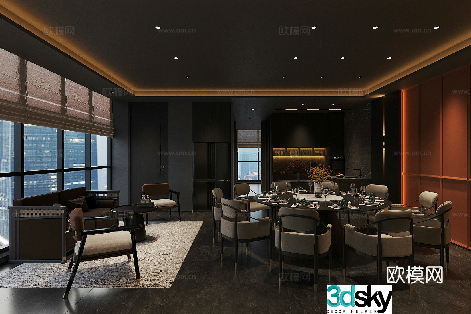 New Chinese restaurant private room dining table and chair combination guest lounge area sofa and coffee table combination 3D model