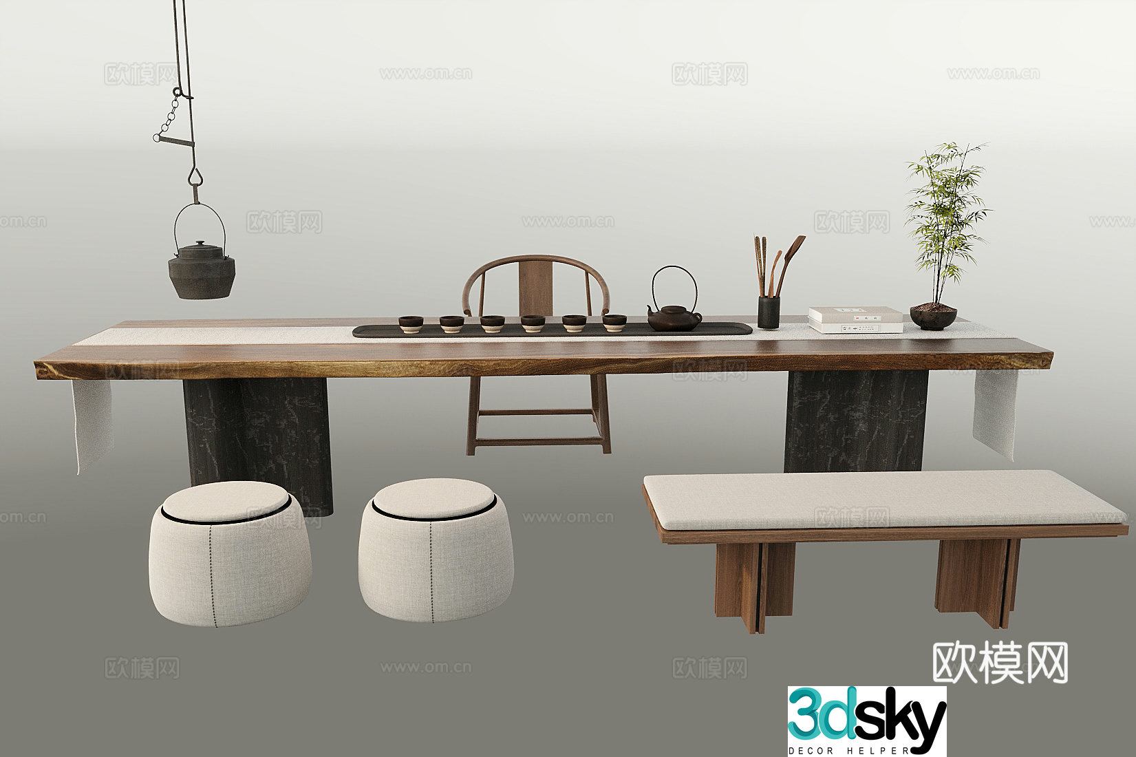 New Chinese tea table and chair New Chinese tea table and chair combination Tea set Potted ornaments 3D model