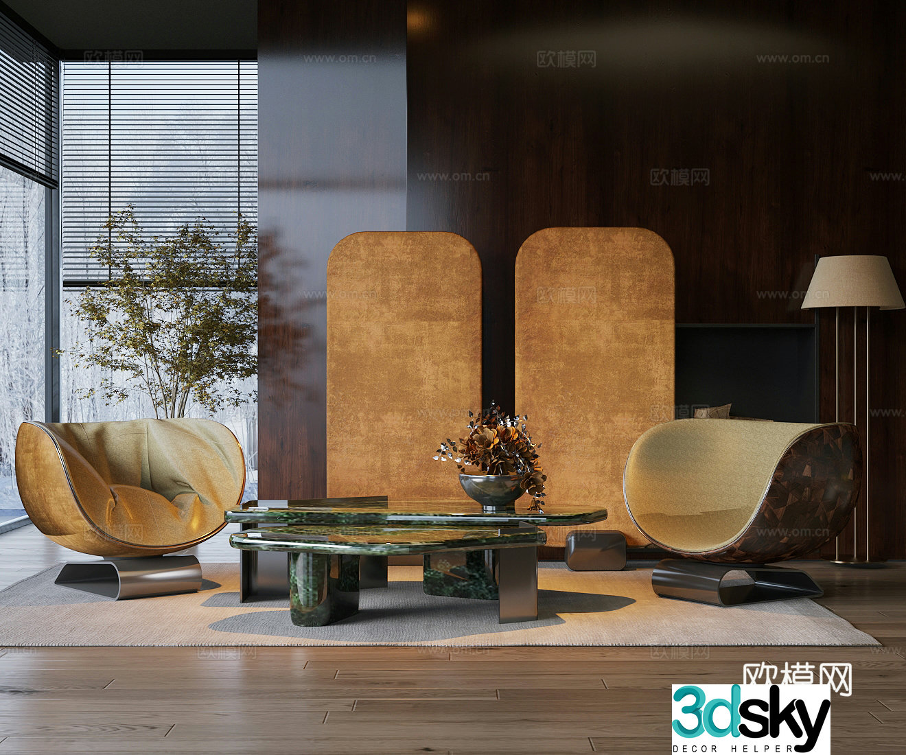 Modern leisure chair single sofa special sofa chair marble coffee table side table green plants flower 3d model