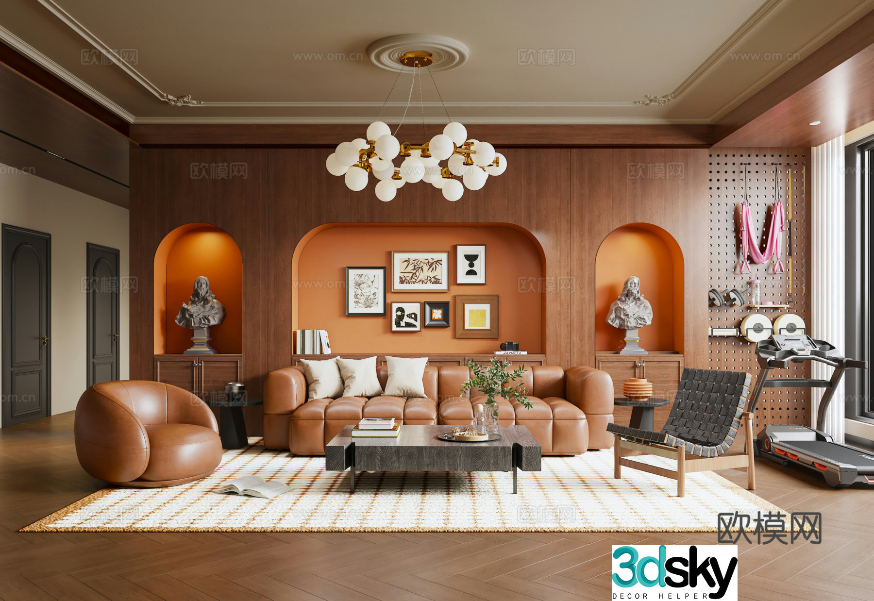 French medieval style living room chandelier carving background wall treadmill sofa coffee table combination 3D model
