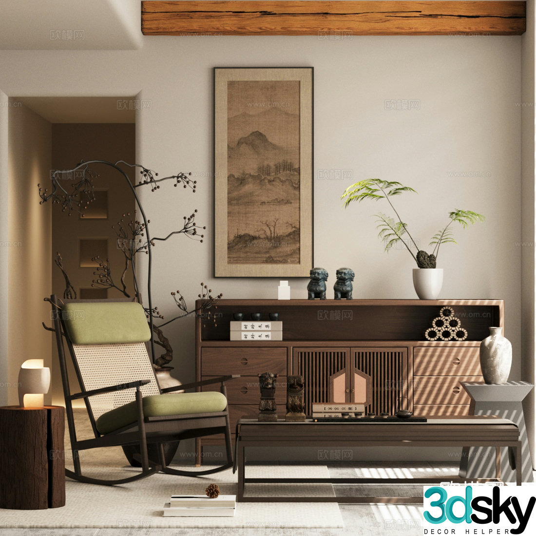 New Chinese style chest of drawers New Chinese style chest of drawers Rocking chair Solid wood coffee table Green plant potted 3D model