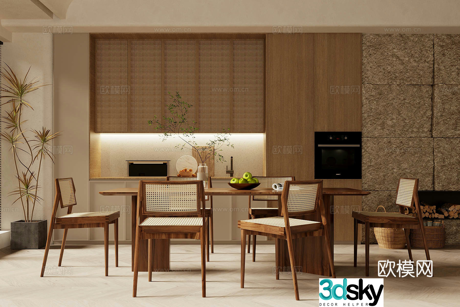Middle style home restaurant Open restaurant Log style home restaurant Log style sideboard 3D model