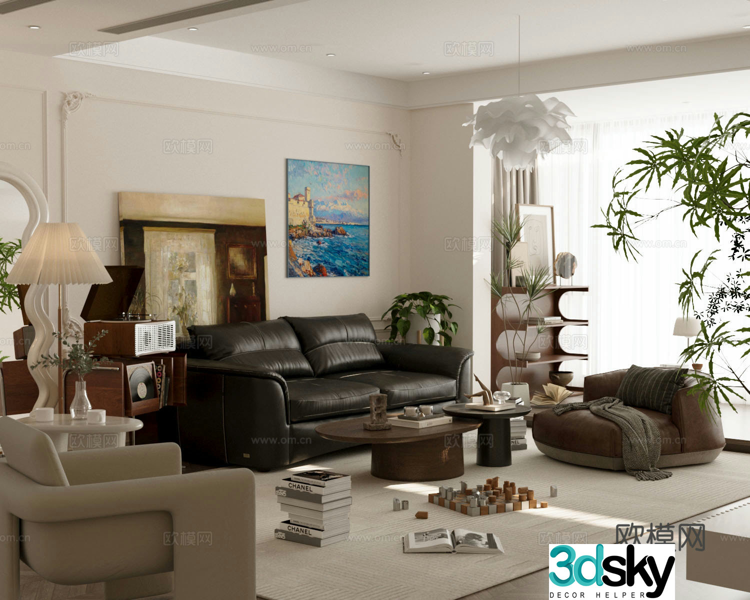 Middle-aged home living room Home living room Sofa coffee table combination Decorative cabinet chest of cabinet Floor lamp 3D model
