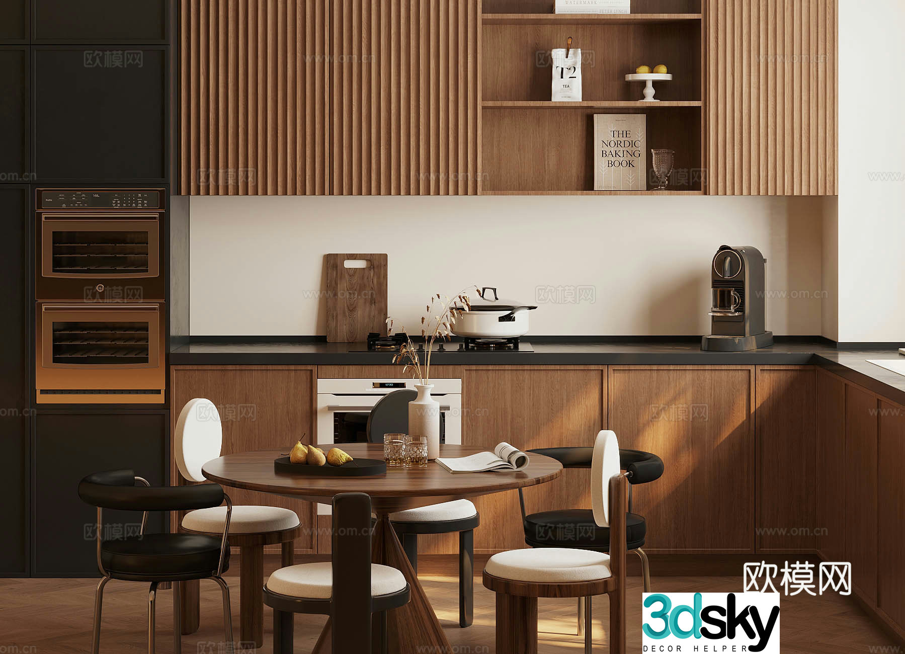 Middle style home restaurant Open restaurant Log style home restaurant Kitchen restaurant Round table 3D model