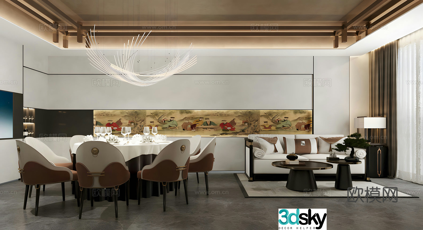 New Chinese-style private room Restaurant private room Dining table and chair combination Chandelier Sofa coffee table combination 3D model
