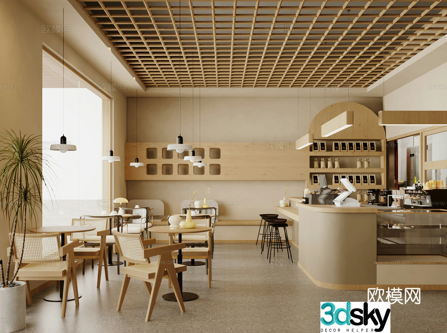 Log wood style milk tea shop 3d model