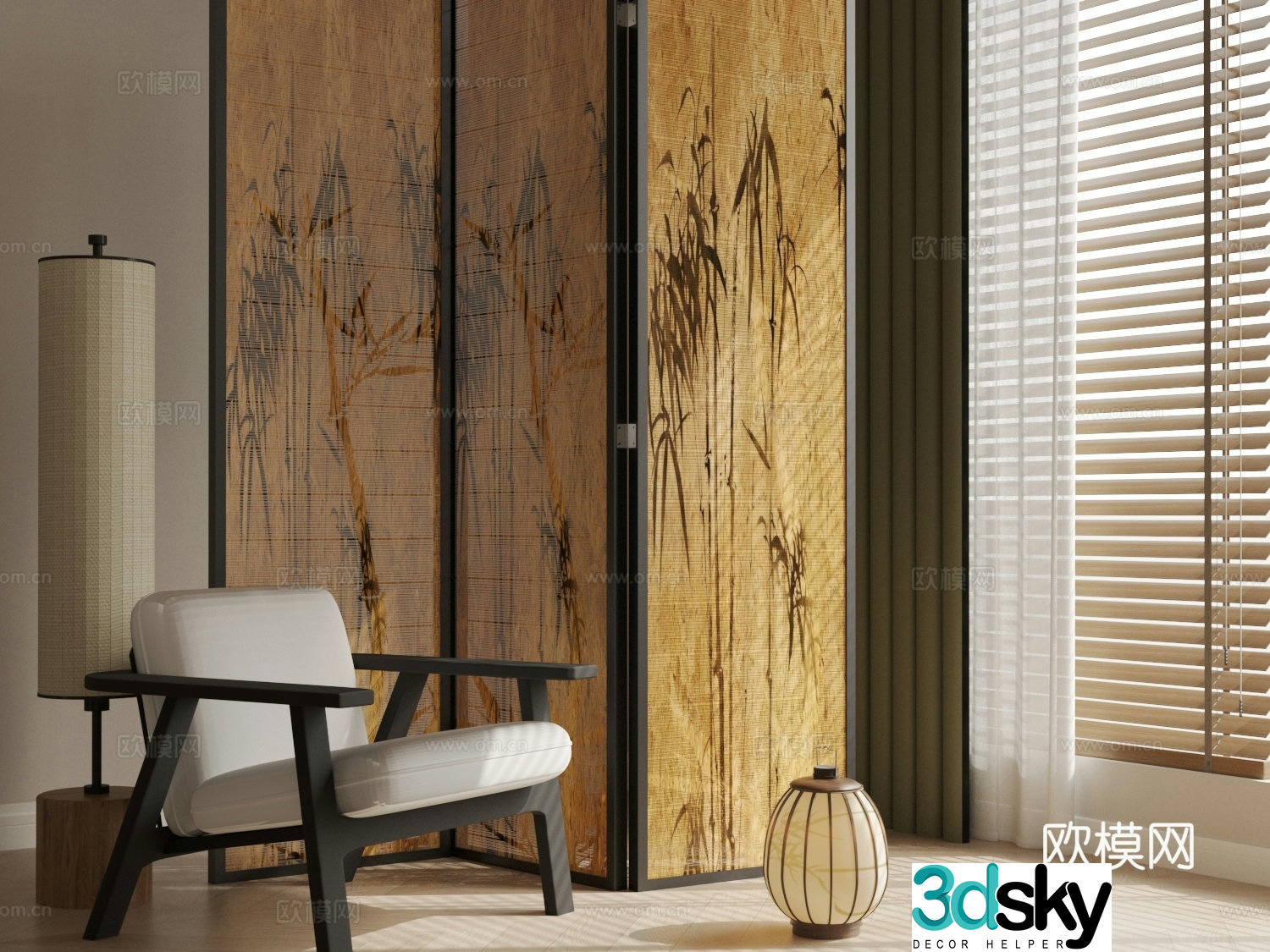 New Chinese style other furniture screen partition single sofa floor lamp 3d model