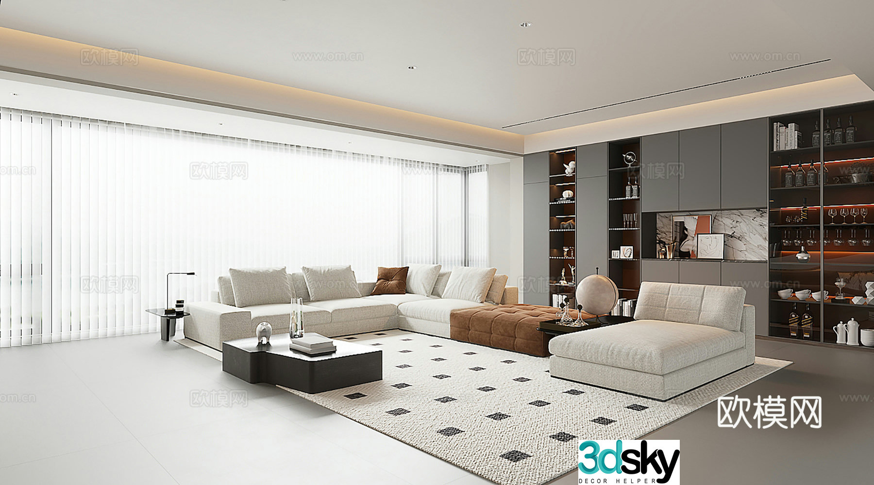 Living room sofa coffee table combination sideboard carpet living and dining room dream curtain 3d model