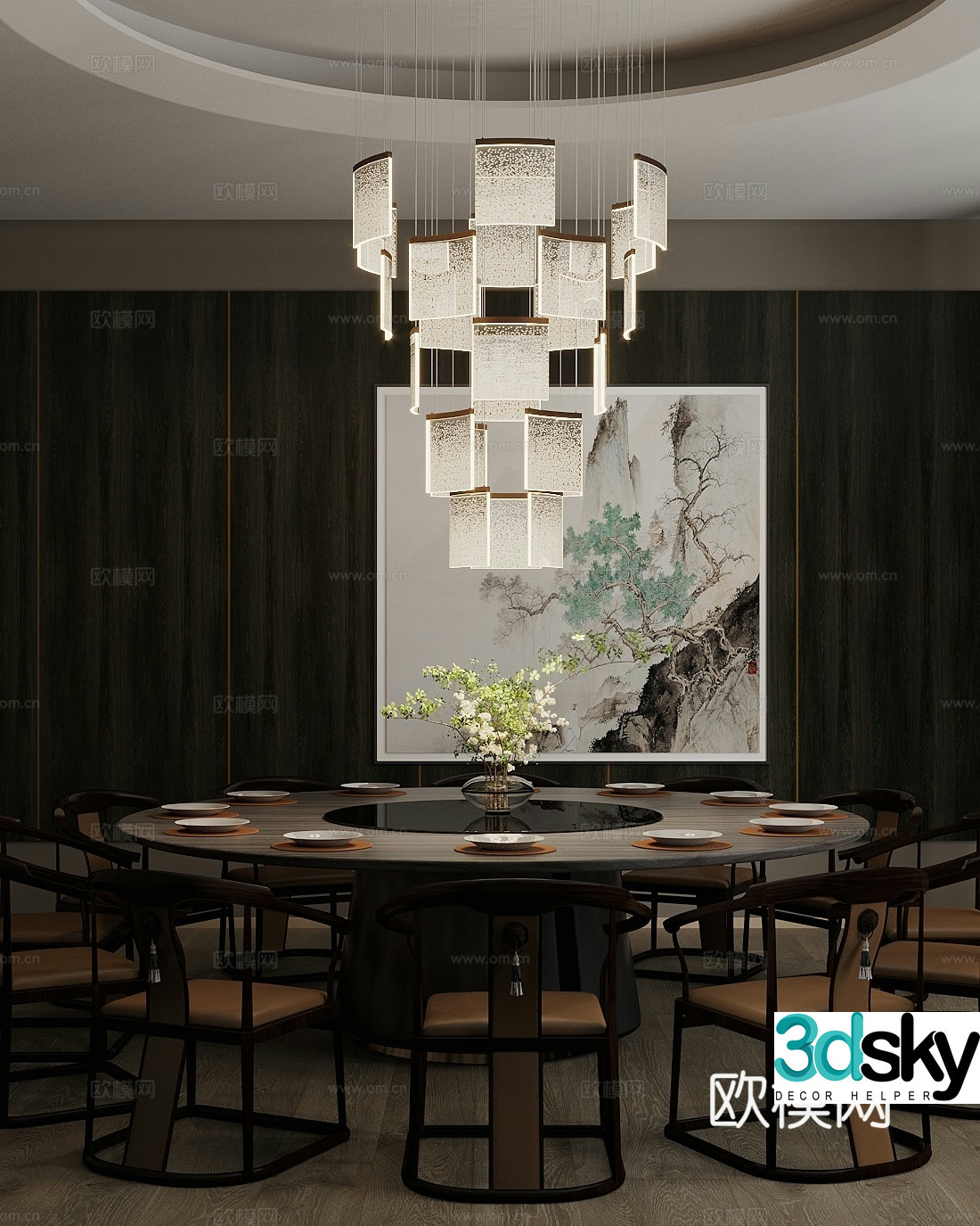 New Chinese-style private room Restaurant private room Dining table and chair combination Chandelier Decorative painting 3D model
