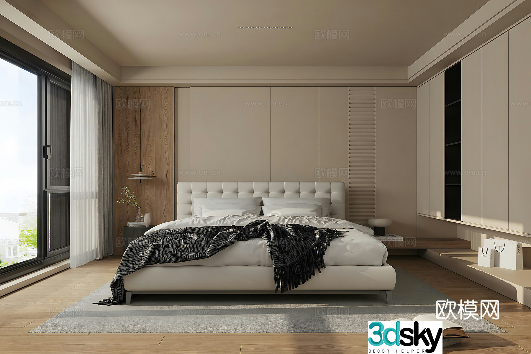 Modern home bedroom light luxury style elder room second bedroom leather bedroom bed bedside table 3D model