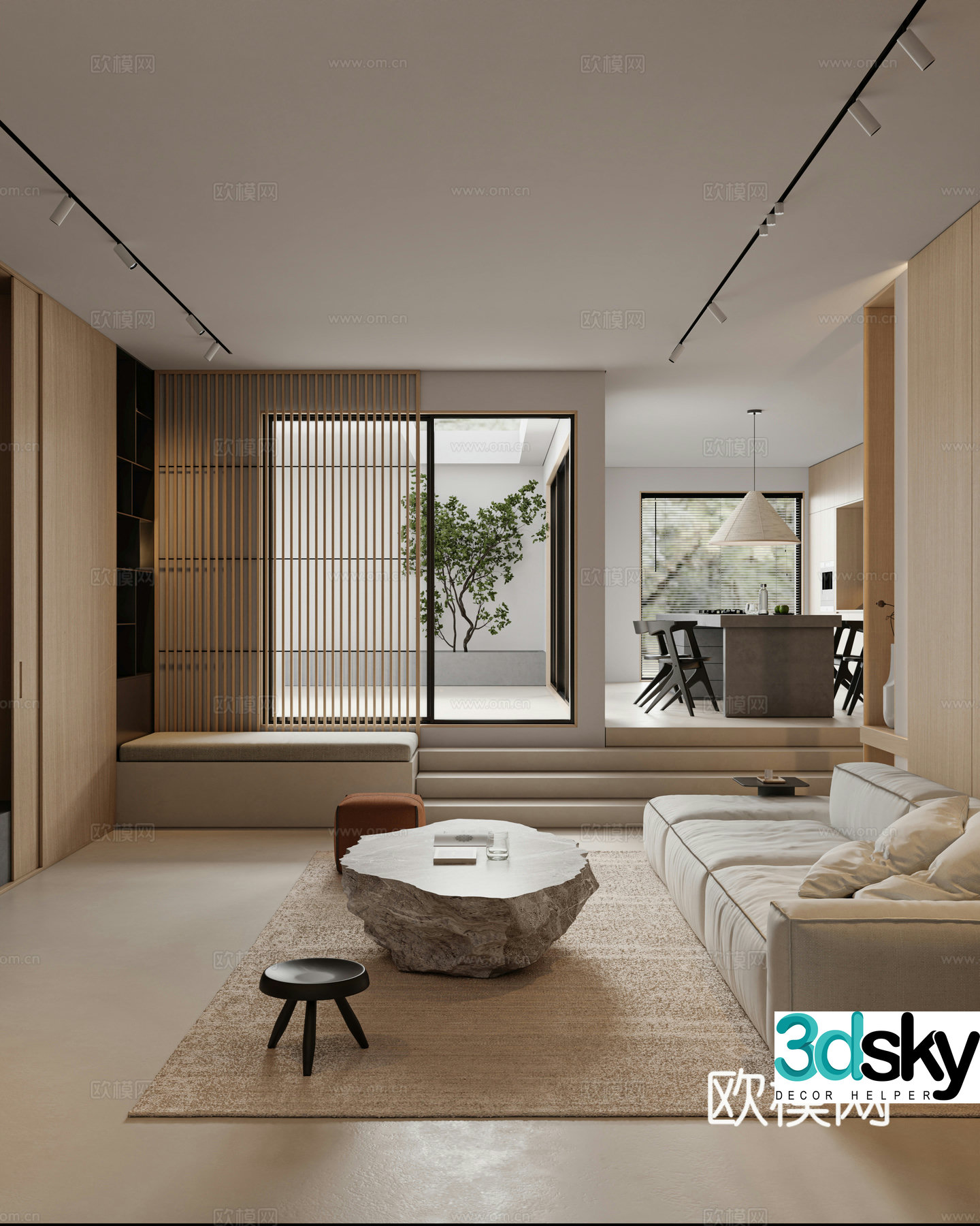 Log minimalist living and dining room 3D model