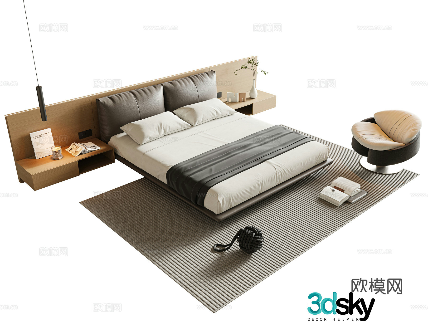 Modern minimalist double bed leather art double bed master bedroom double bed suspended bed bed head background 3D model