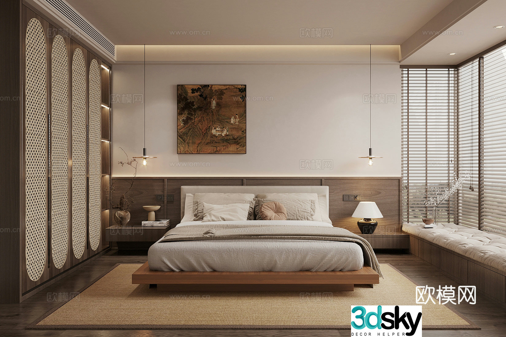 Middle style home bedroom Middle style elder room Second bedroom Middle style bedroom bed bed nightstand 3D model