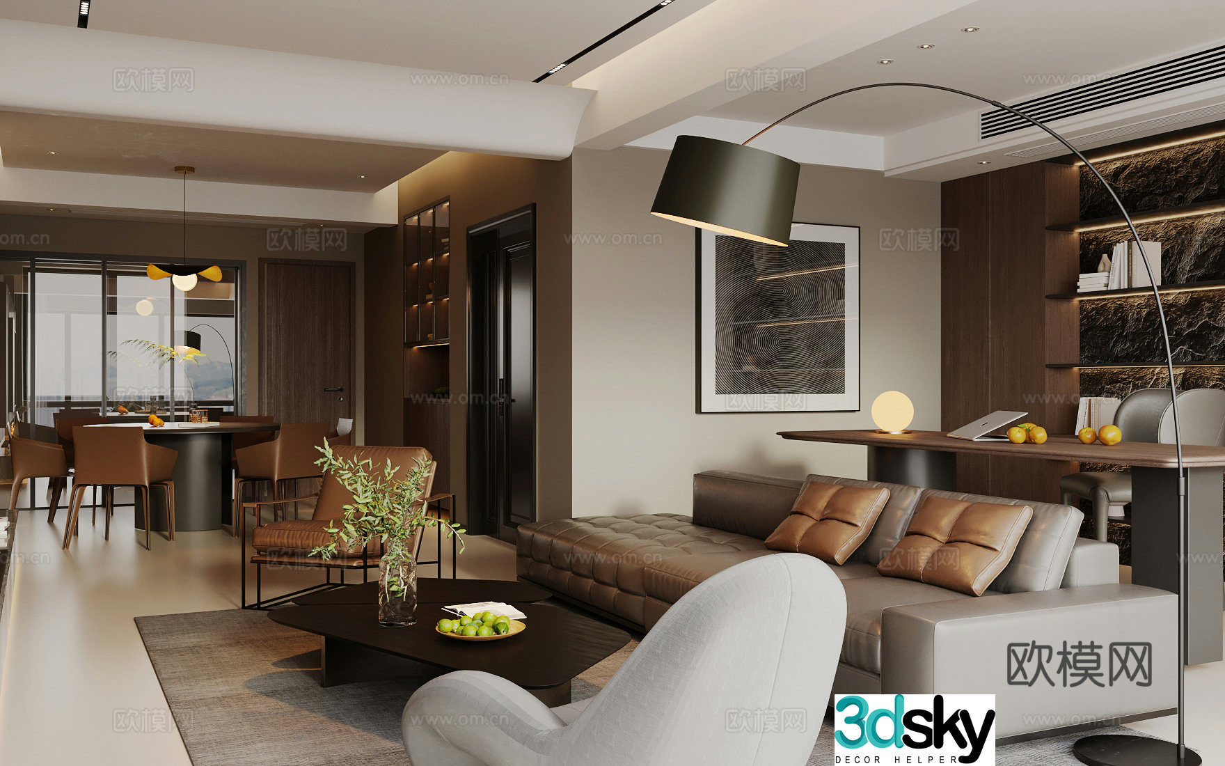 Modern living and dining room sofa coffee table Italian light luxury living and dining room large flat floor living and dining room horizontal living room 3D model