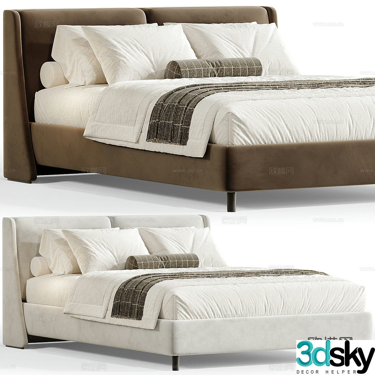Modern cream style fabric double bed 3d model