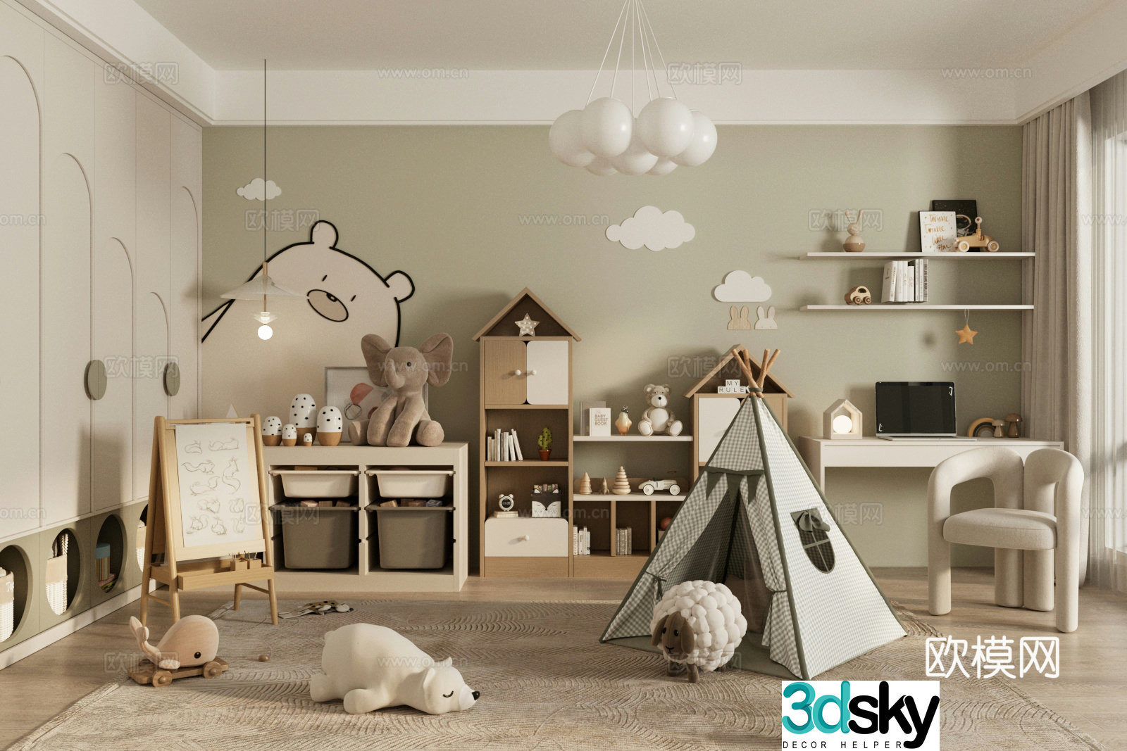 Modern children’s entertainment room children’s storage cabinet tent children’s wardrobe study table and chair combination 3D model