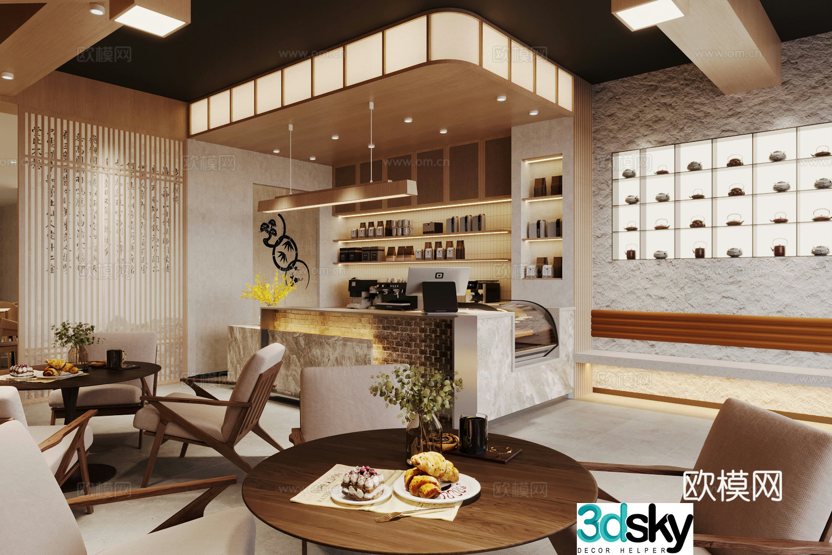 Log-style teahouse coffee shop milk tea shop coffee table and chairs teahouse operation table and workbench 3D model