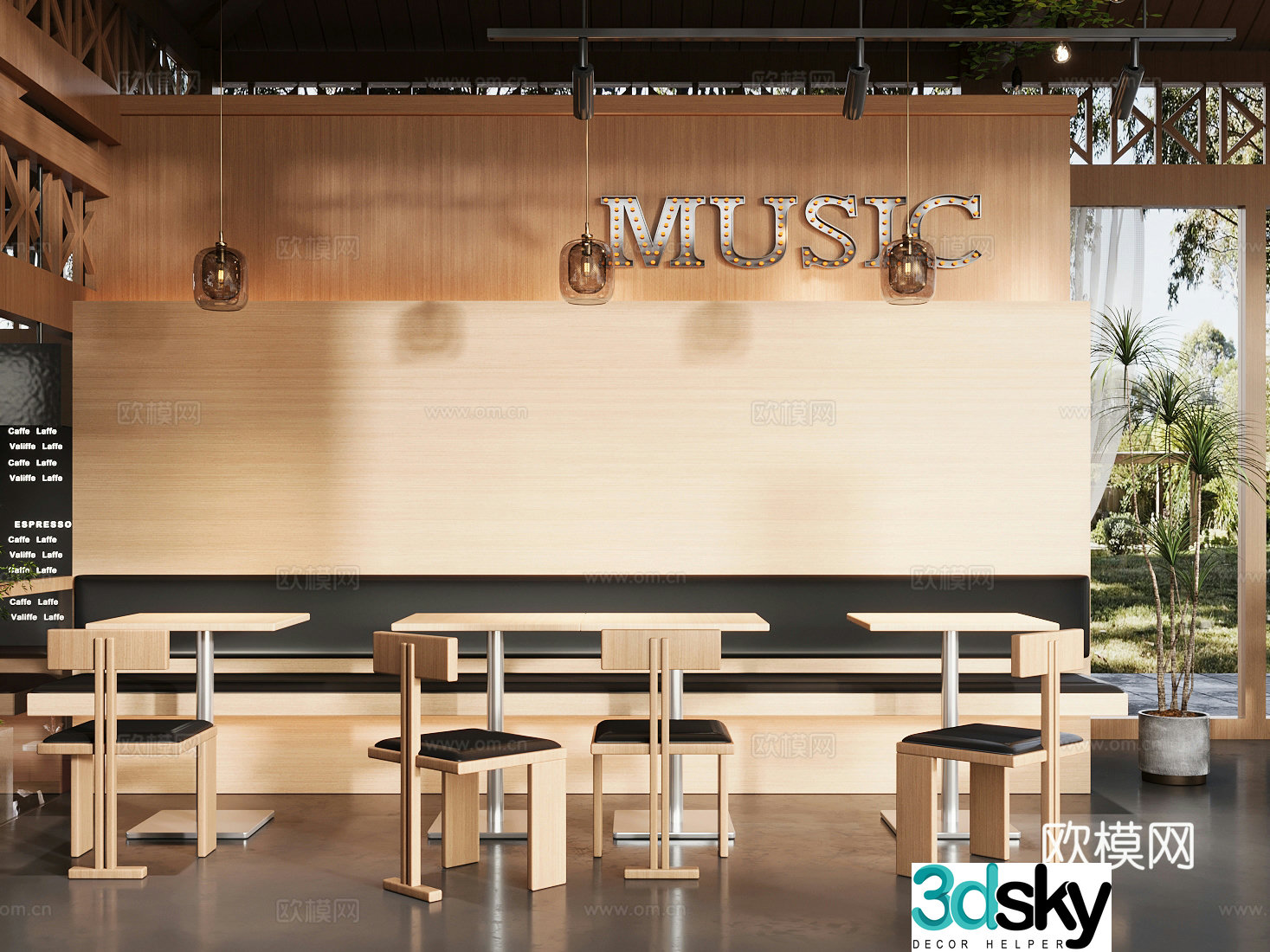 Log wood style milk tea shop cafe booth area 3D model