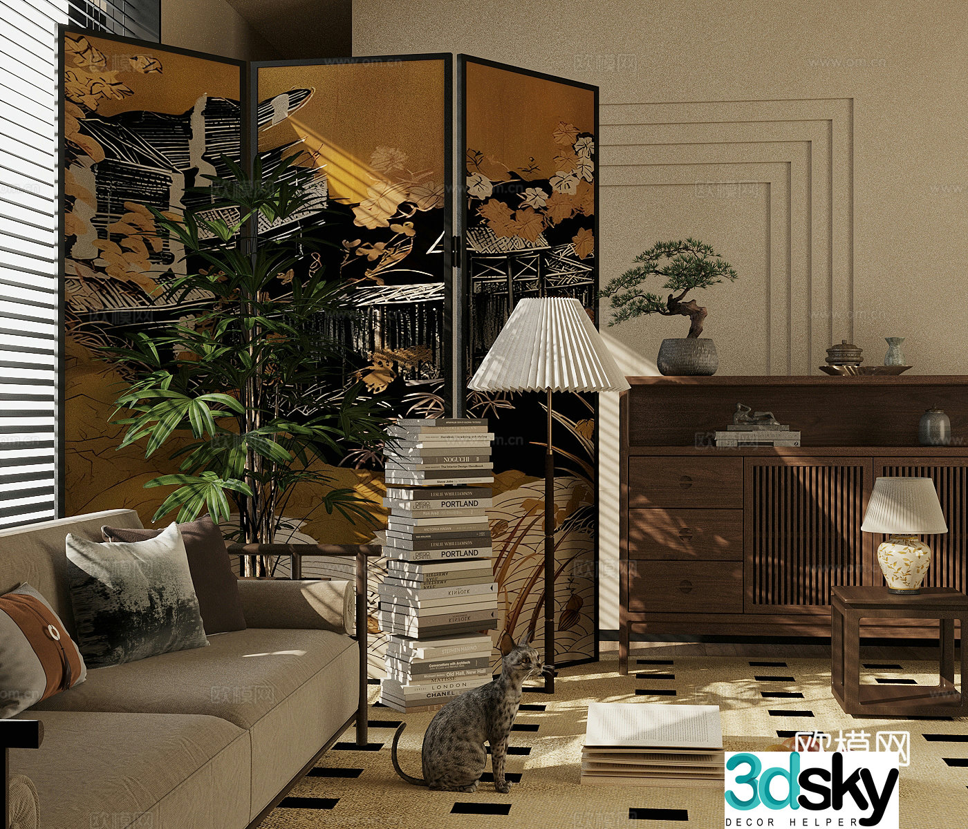 New Chinese style entrance cabinet New Chinese style entrance cabinet Screen Solid wood sofa Floor lamp Green plant ornament 3D model