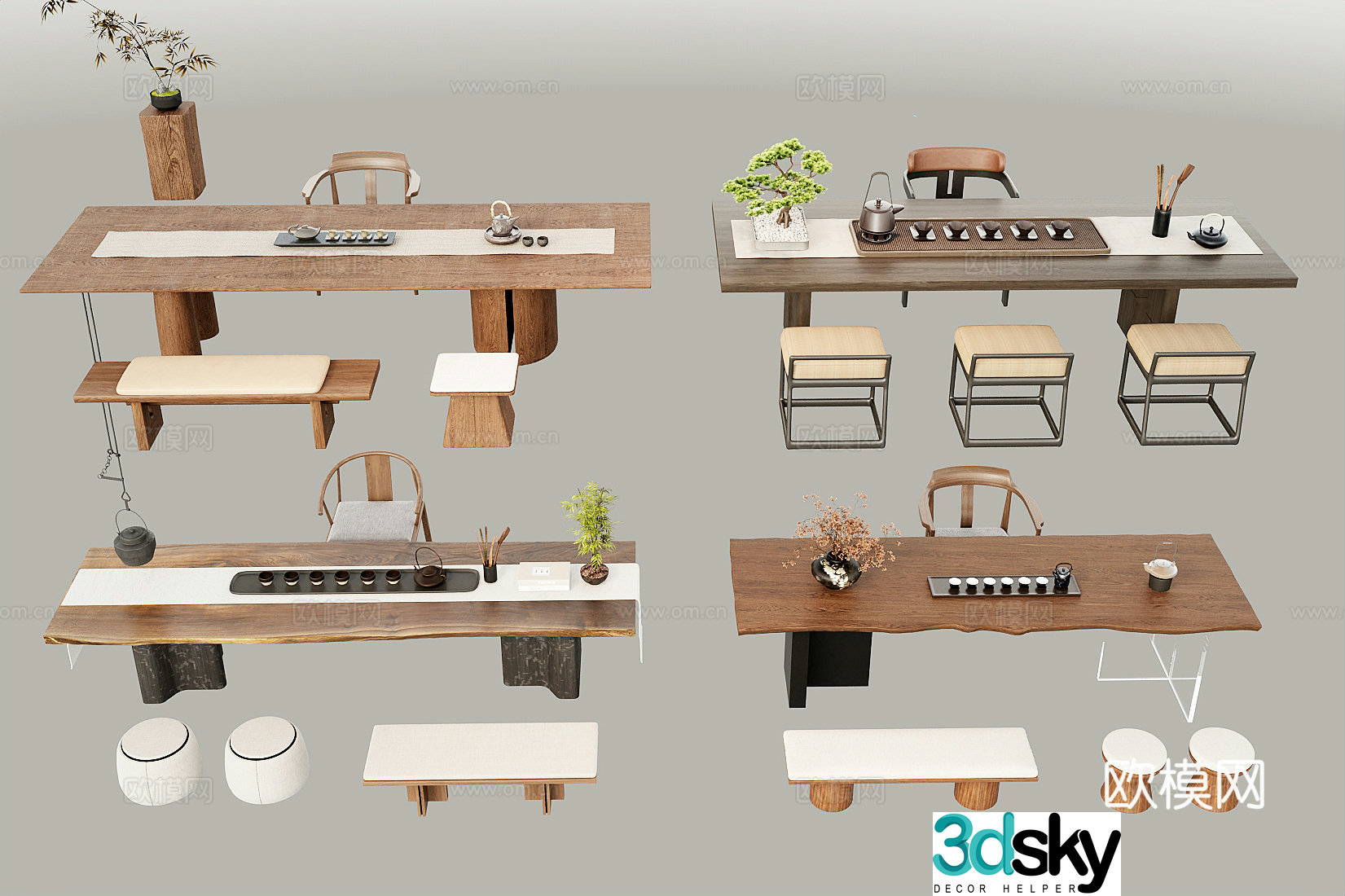 New Chinese tea table and chair New Chinese tea table and chair combination Tea set Potted ornaments 3D model