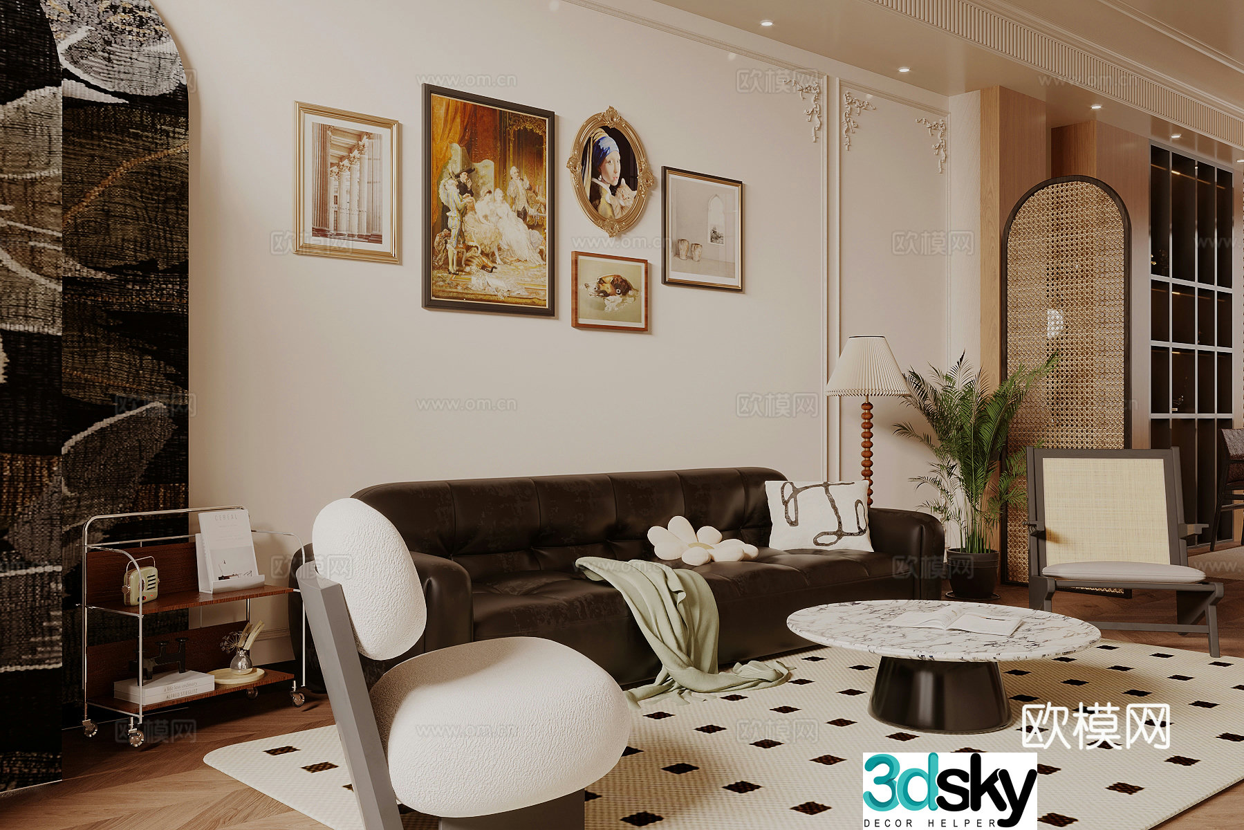 Medium style living room horizontal living room small living room sofa and coffee table combination French retro style guest 3D model