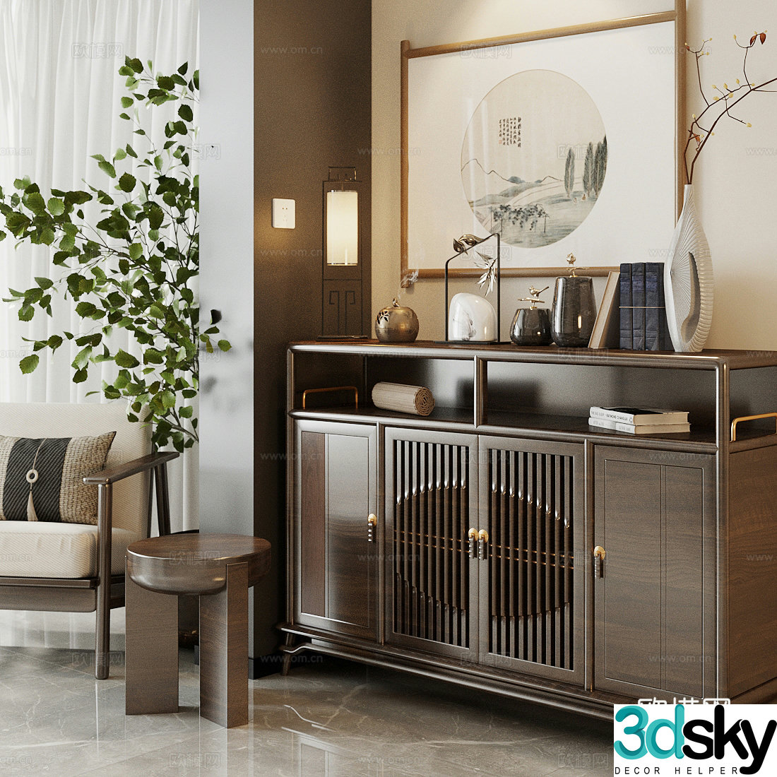 New Chinese style Zen entrance cabinet end view cabinet 3D model