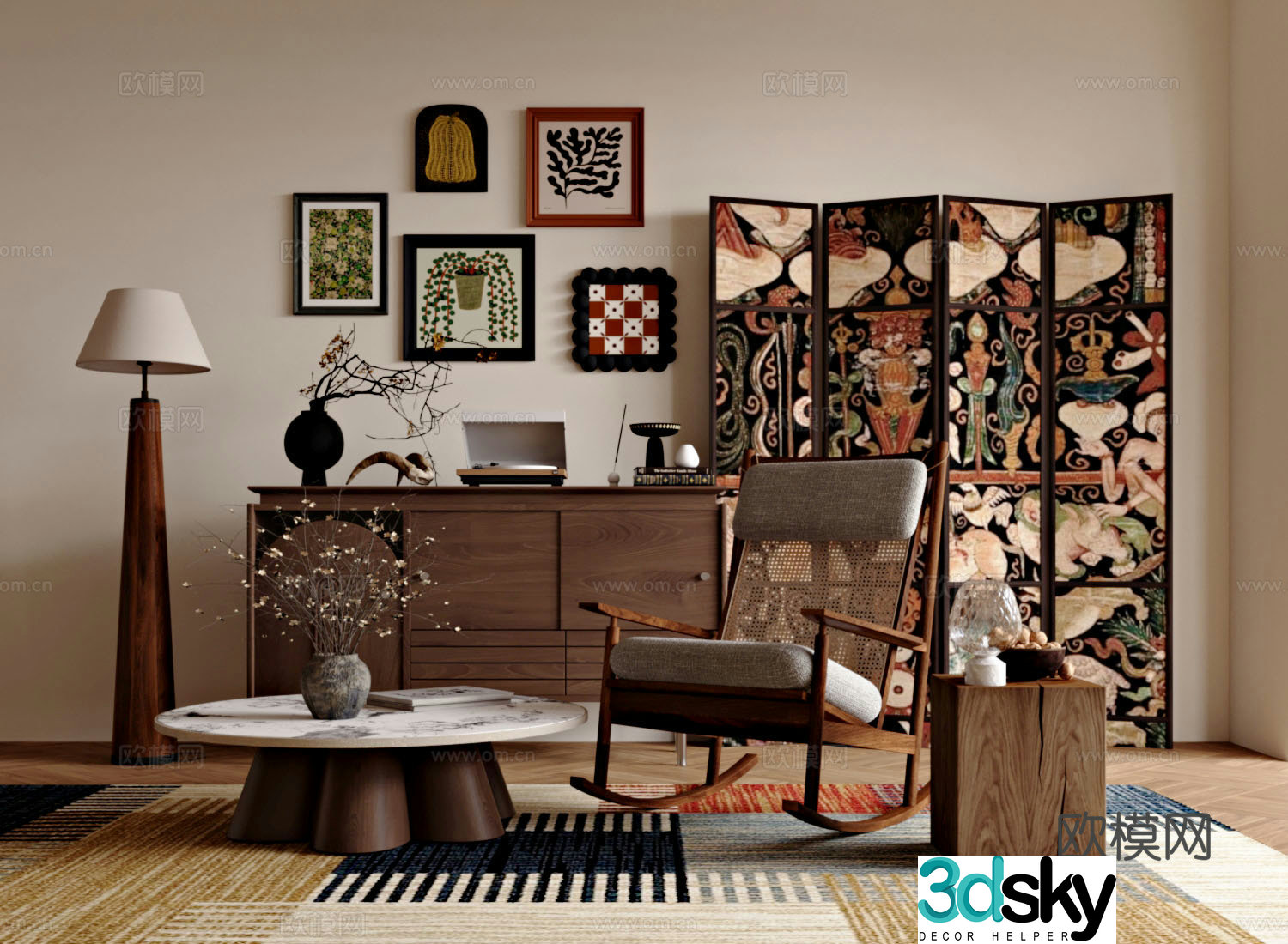 Medium vintage retro leisure chair leisure chair decorative cabinet screen decorative painting coffee table 3d model