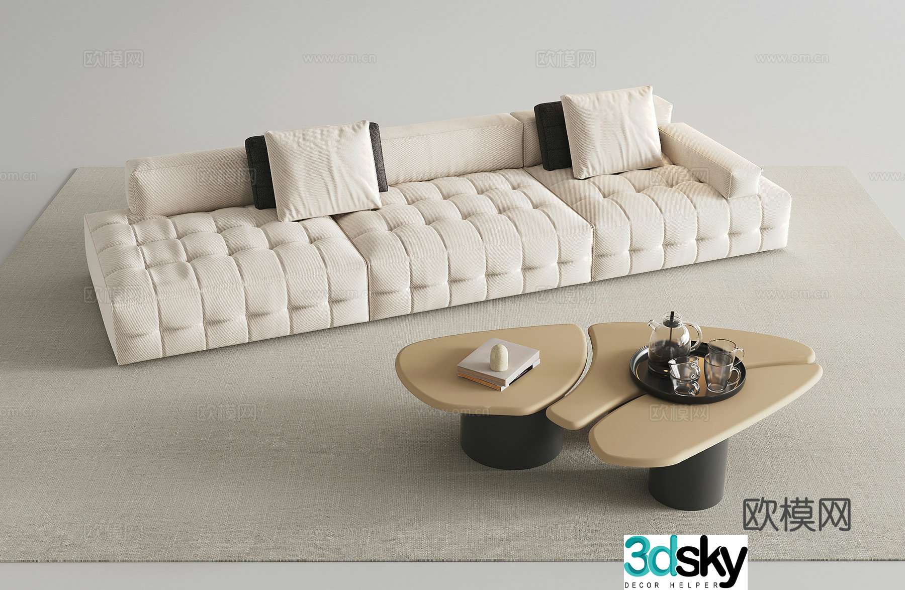 Multi-person sofa sofa coffee table combination fabric sofa 3D model