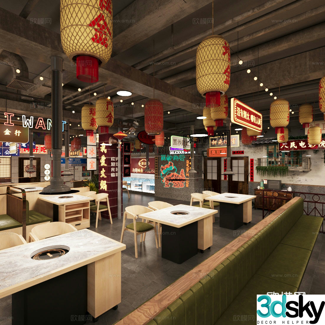 New Chinese hot pot restaurant Hot pot restaurant Barbecue restaurant table and chair combination card 3D model
