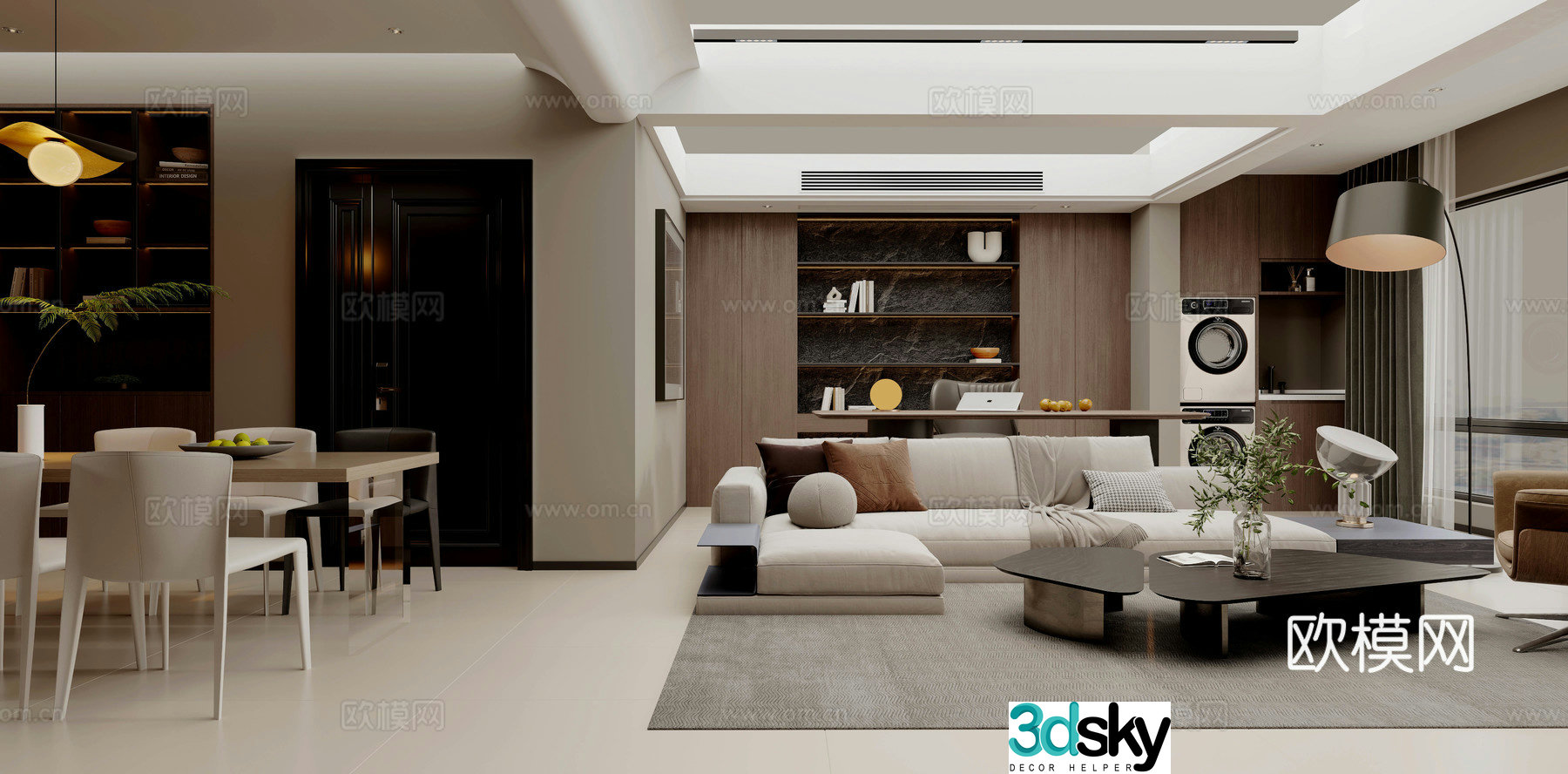 Modern home living and dining room sofa and coffee table combination fabric sofa living and dining room without owner lights island 3D model