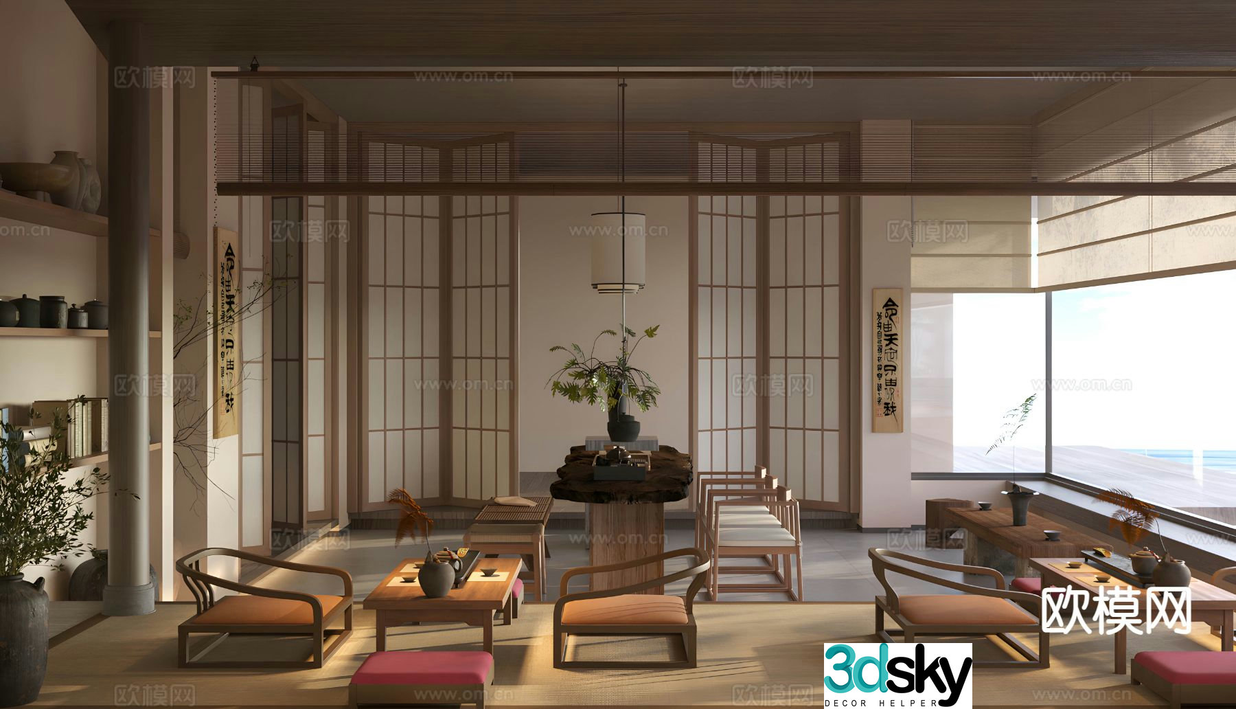 New Chinese-style tea house tatami tea table and chair 3D model