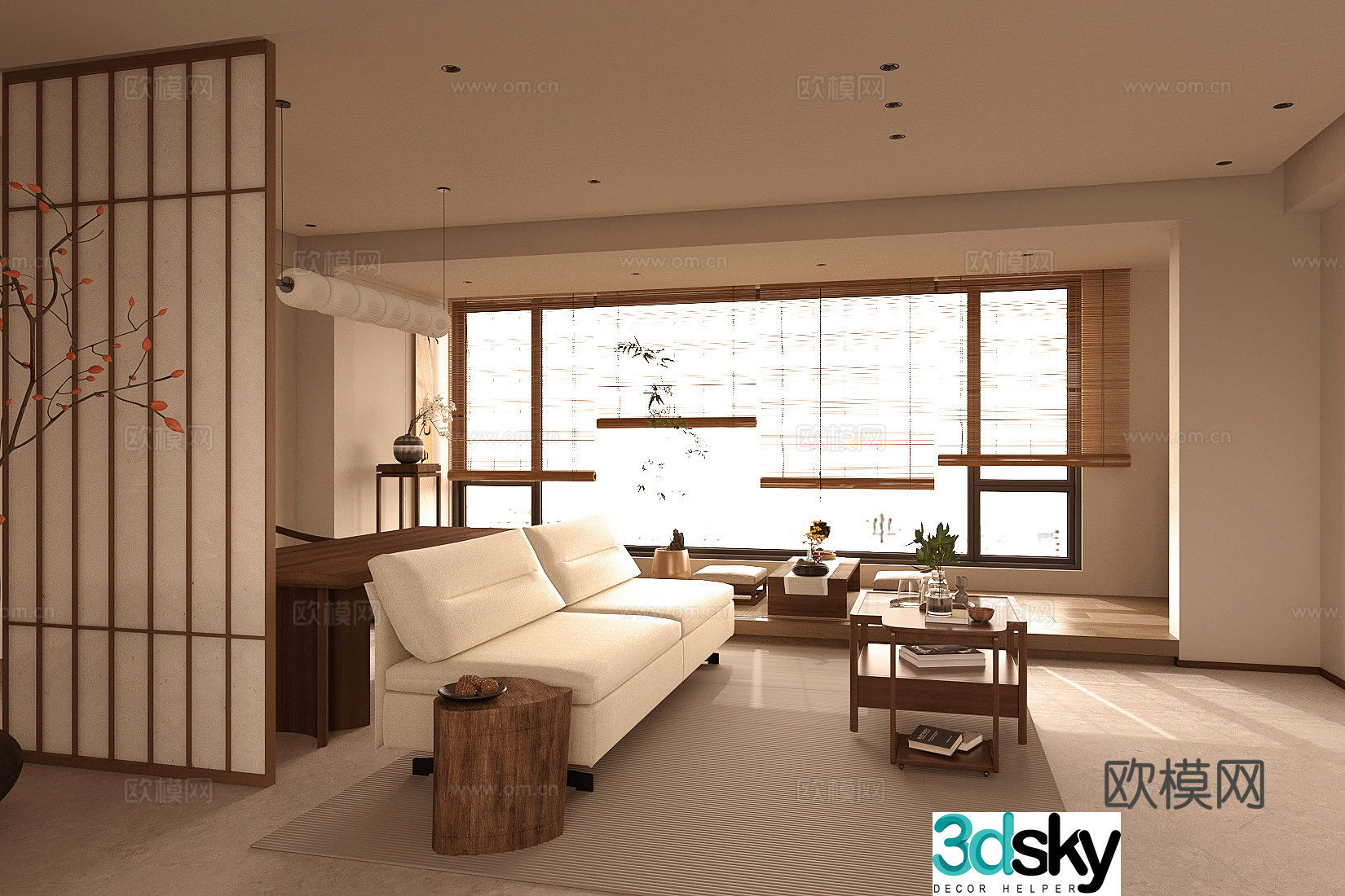Middle-aged home living room sofa and tea table combination tatami tea table and chair combination potted flower vase 3D model
