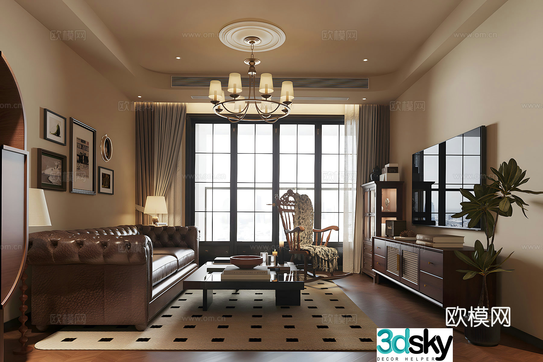 American home living room retro medieval living room large flat living room sofa and coffee table combination American chair 3D model