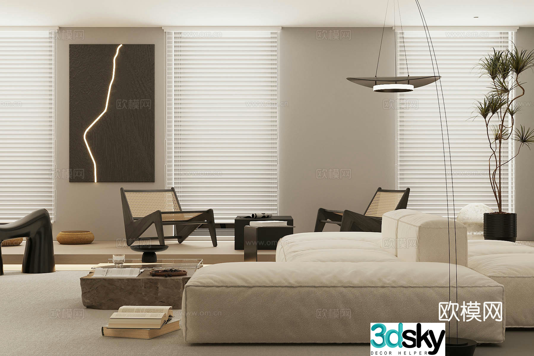 Modern home living room horizontal hall black and white living room without owner light living room living room sofa coffee table combination 3D model